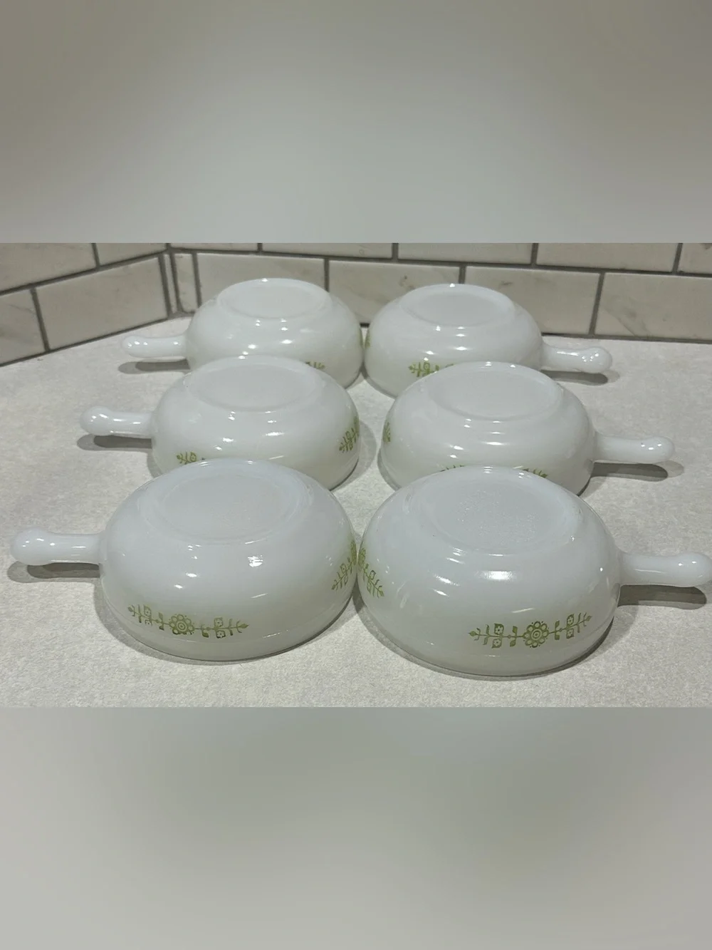 6 -Glasbake Milk Glass Handled Soup Bowl Green Daisy Floral J-2639 MCM USA VTG